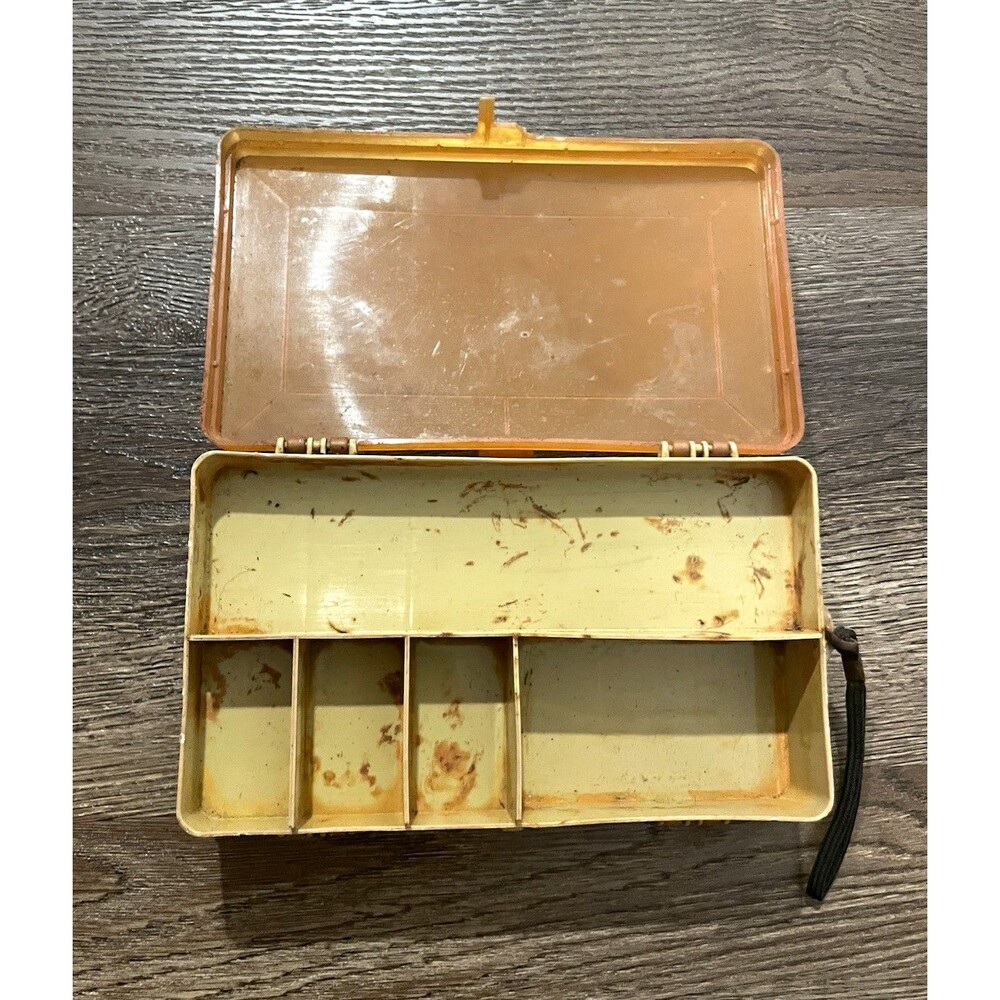 Vintage Plastic Hard Case Fishing Tackle Box Storage Organizer, Tan/Brown